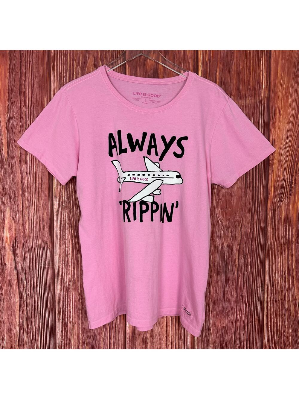 Life is Good‎ Crusher Tee Pink Always Trippin Airplane Print Womens Size Large